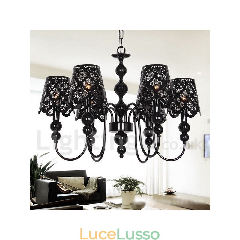 Lampadario a 6 luci moderno contemporaneo stile candela nero cavo