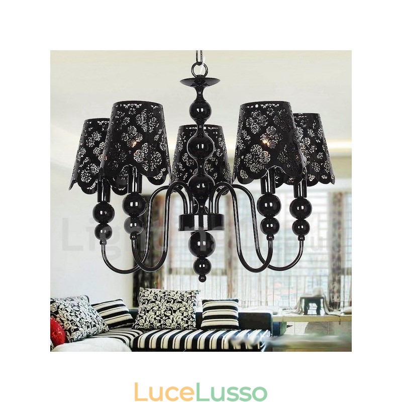 Lampadario a 5 luci moderno contemporaneo stile candela nero cavo