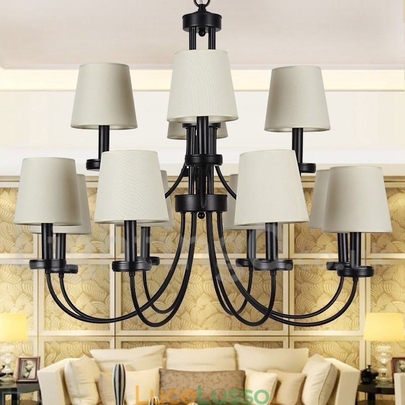 Lampadario a 12 luci in stile retrò contemporaneo a 2 livelli, nero, stile candela