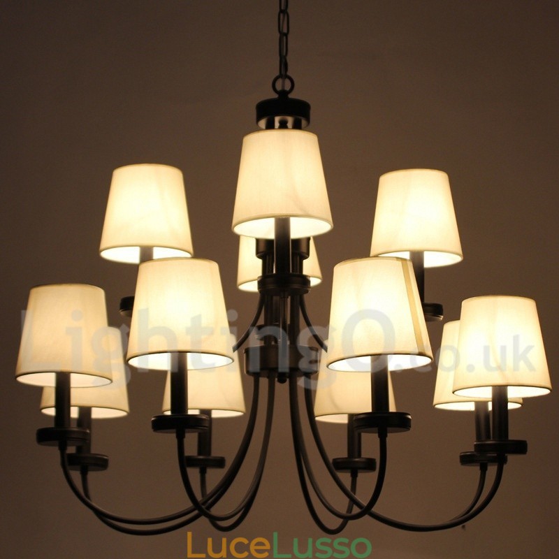 Lampadario a 12 luci in stile retrò contemporaneo a 2 livelli, nero, stile candela