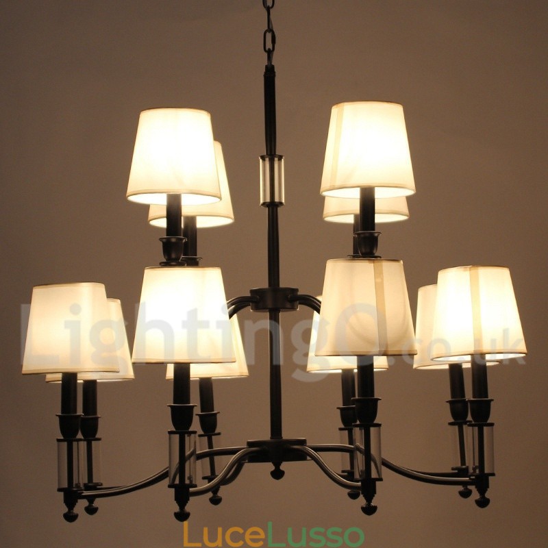Lampadario grande a 12 luci nero a 2 livelli, stile retrò contemporaneo, a forma di candela