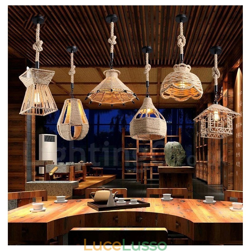 Lampada a sospensione rustica da lodge a 1 luce Lampada a sospensione in corda di canapa da caffè