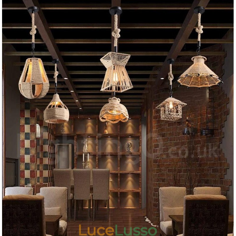 Lampada a sospensione rustica da lodge a 1 luce Lampada a sospensione in corda di canapa da caffè