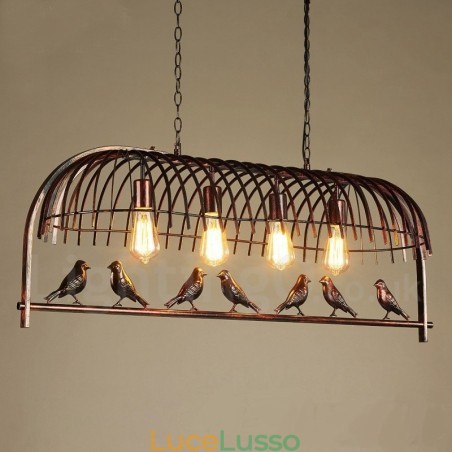 Lampada a sospensione rustica a 4 luci con paralume in acciaio, stile gabbia per uccelli retrò Lampada a sospensione rustica a 4 luci con paralume in acciaio, stile gabbia per uccelli retrò
