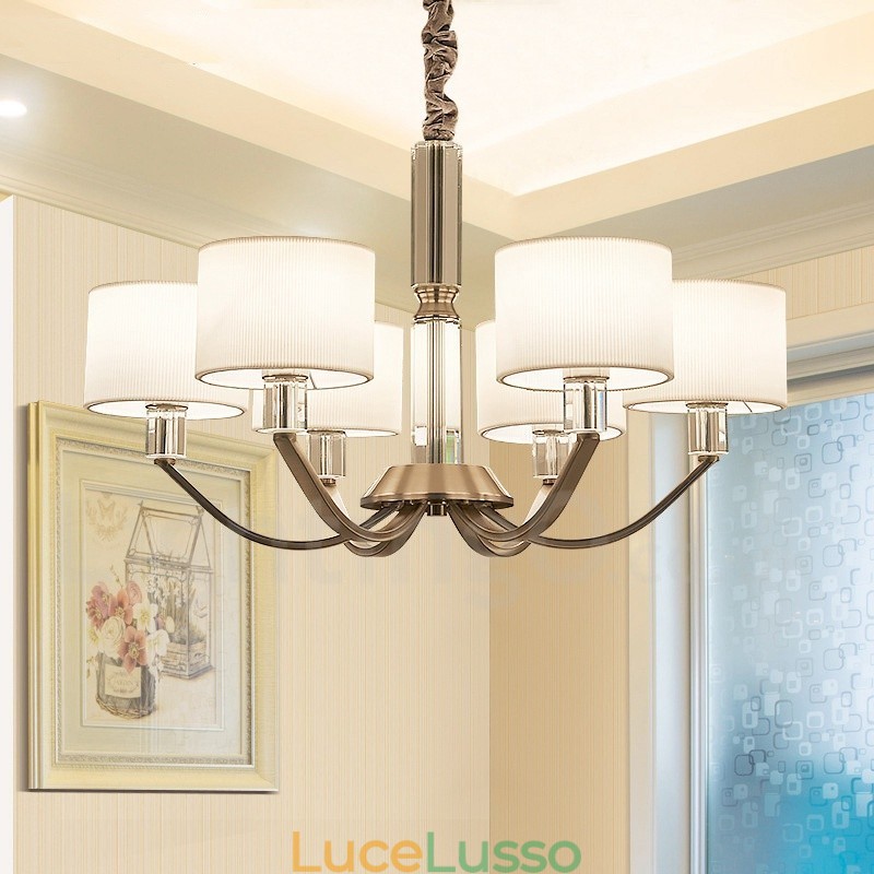 Lampadario moderno contemporaneo in cristallo a 6 luci con paralume in tessuto