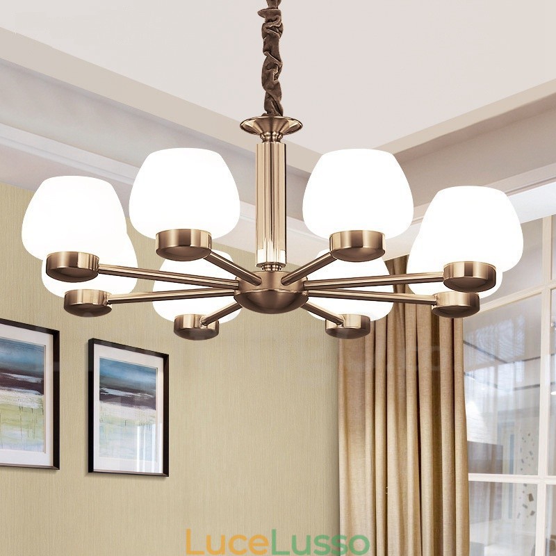 Lampadario moderno contemporaneo a 8 luci con paralume in vetro