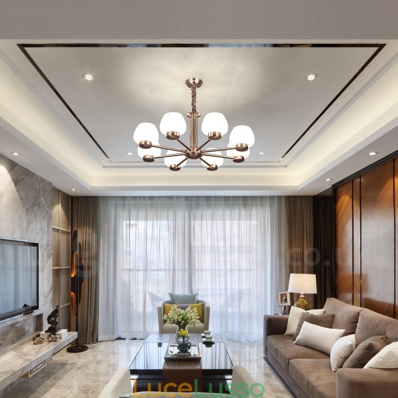 Lampadario moderno contemporaneo a 8 luci con paralume in vetro