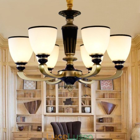 Lampadario retrò tradizionale in lega di zinco a 6 luci con paralume in vetro Lampadario retrò tradizionale in lega di zinco a 6 luci con paralume in vetro