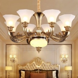 Lampadario da ingresso di lusso tradizionale retrò a 8 luci con paralume in vetro