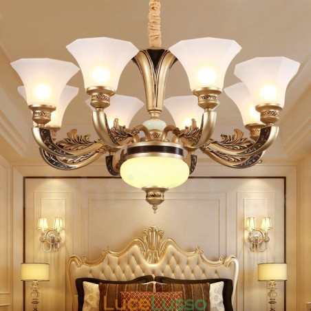 Lampadario da ingresso di lusso tradizionale retrò a 8 luci con paralume in vetro Lampadario da ingresso di lusso tradizionale retrò a 8 luci con paralume in vetro