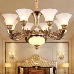 Lampadario da ingresso di lusso tradizionale retrò a 8 luci con paralume in vetro