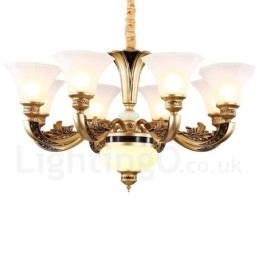 Lampadario da ingresso di lusso tradizionale retrò a 8 luci con paralume in vetro