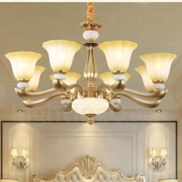 Lampadario in lega di zinco di lusso tradizionale retrò a 8 luci con paralume in vetro
