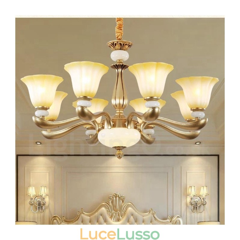 Lampadario in lega di zinco di lusso tradizionale retrò a 8 luci con paralume in vetro