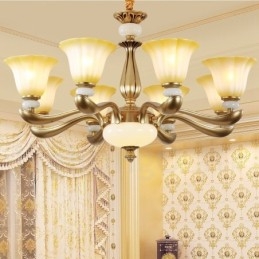Lampadario in lega di zinco di lusso tradizionale retrò a 8 luci con paralume in vetro