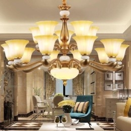Lampadario in lega di zinco di lusso tradizionale retrò da 15 luci con paralume in vetro