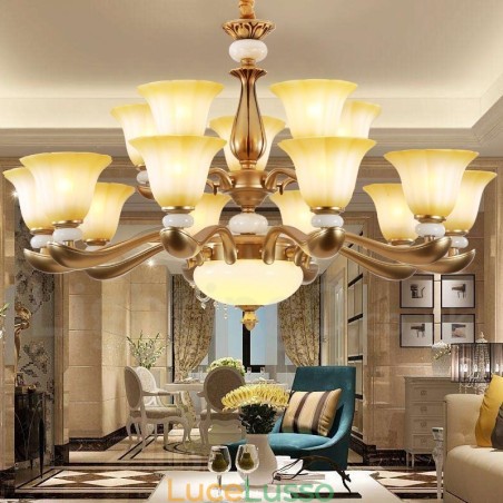 Lampadario in lega di zinco di lusso tradizionale retrò da 15 luci con paralume in vetro Lampadario in lega di zinco di lusso tradizionale retrò da 15 luci con paralume in vetro