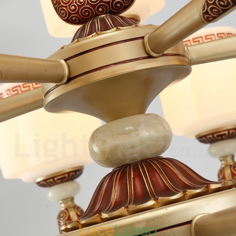 Lampadario da ingresso di lusso in lega di zinco tradizionale retrò a 6 luci con paralume in vetro