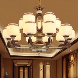 Lampadario da ingresso di lusso in lega di zinco tradizionale retrò da 15 luci con paralume in vetro