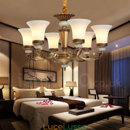 Lampadario da ingresso di lusso in lega di zinco tradizionale retrò a 6 luci con paralume in vetro Lampadario da ingresso di lusso in lega di zinco tradizionale retrò a 6 luci con paralume in vetro