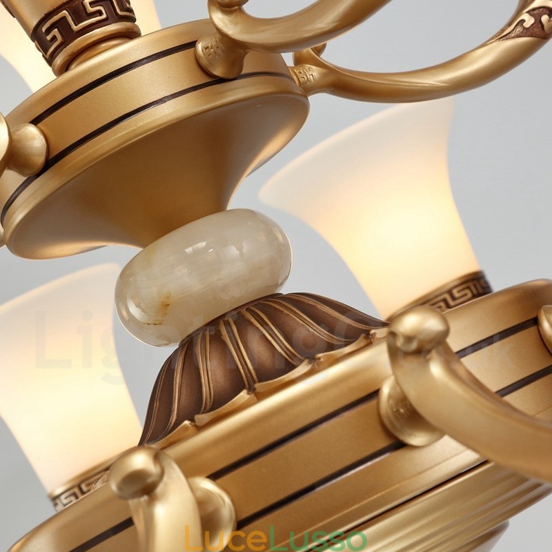 Lampadario da ingresso di lusso in lega di zinco tradizionale retrò a 6 luci con paralume in vetro