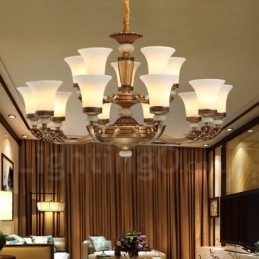 Lampadario da ingresso di lusso in lega di zinco tradizionale retrò da 15 luci con paralume in vetro