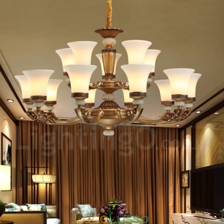 Lampadario da ingresso di lusso in lega di zinco tradizionale retrò da 15 luci con paralume in vetro Lampadario da ingresso di lusso in lega di zinco tradizionale retrò da 15 luci con paralume in vetro