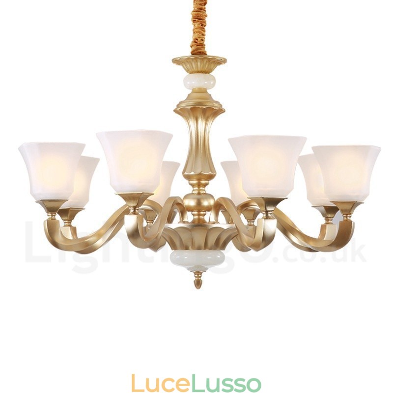 Lampadario rustico tradizionale retrò a 8 luci con paralume in vetro