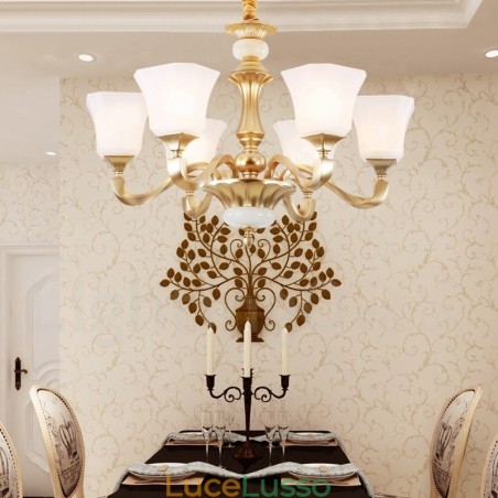 Lampadario rustico tradizionale retrò a 6 luci con paralume in vetro Lampadario rustico tradizionale retrò a 6 luci con paralume in vetro