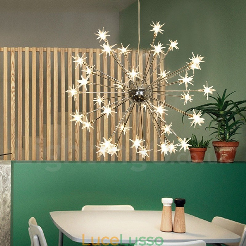 Lampada a sospensione moderna contemporanea in acciaio da 32 luci con paralume in vetro