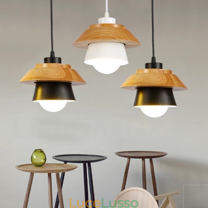 Lampada a sospensione moderna in legno contemporaneo con paralume in lega di alluminio