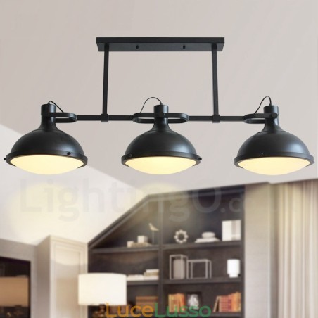 Lampada a sospensione rustica retrò in acciaio a 3 luci con paralume in vetro Lampada a sospensione rustica retrò in acciaio a 3 luci con paralume in vetro