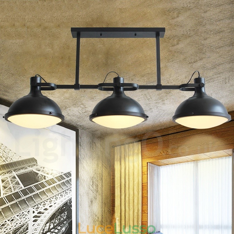 Lampada a sospensione rustica retrò in acciaio a 3 luci con paralume in vetro
