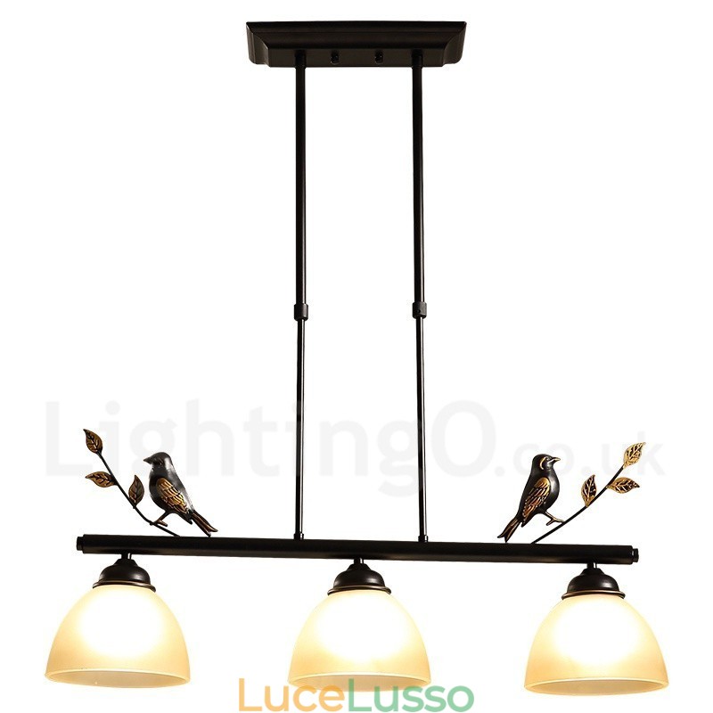 Lampada a sospensione rustica retrò in acciaio a 3 luci con paralume in vetro