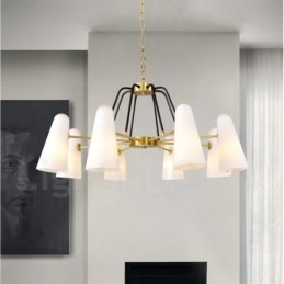 Lampadario a sospensione in ottone rustico retrò da 8 luci con paralume in vetro