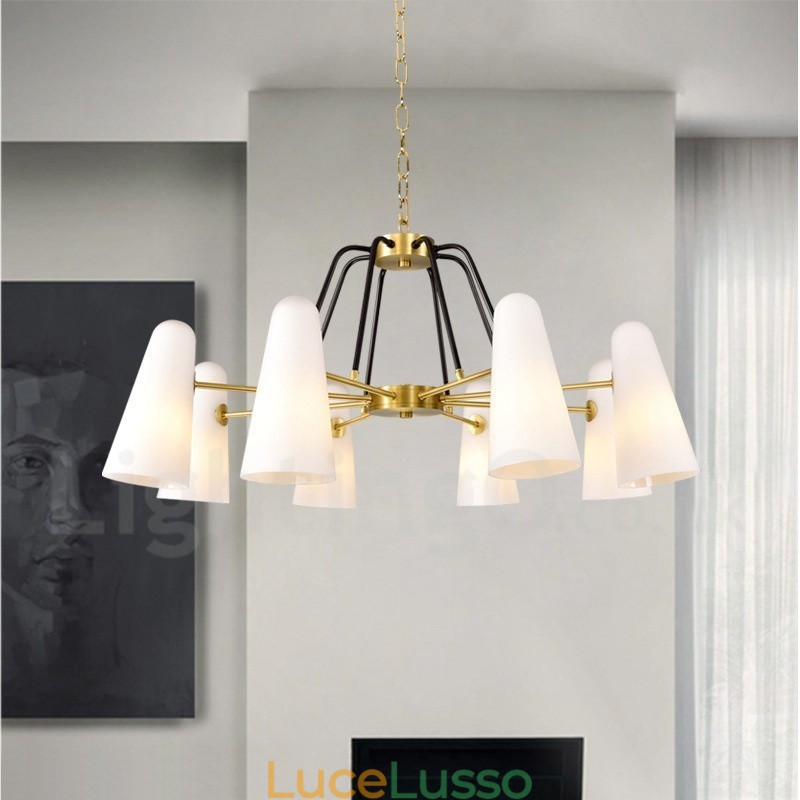 Lampadario a sospensione in ottone rustico retrò da 8 luci con paralume in vetro