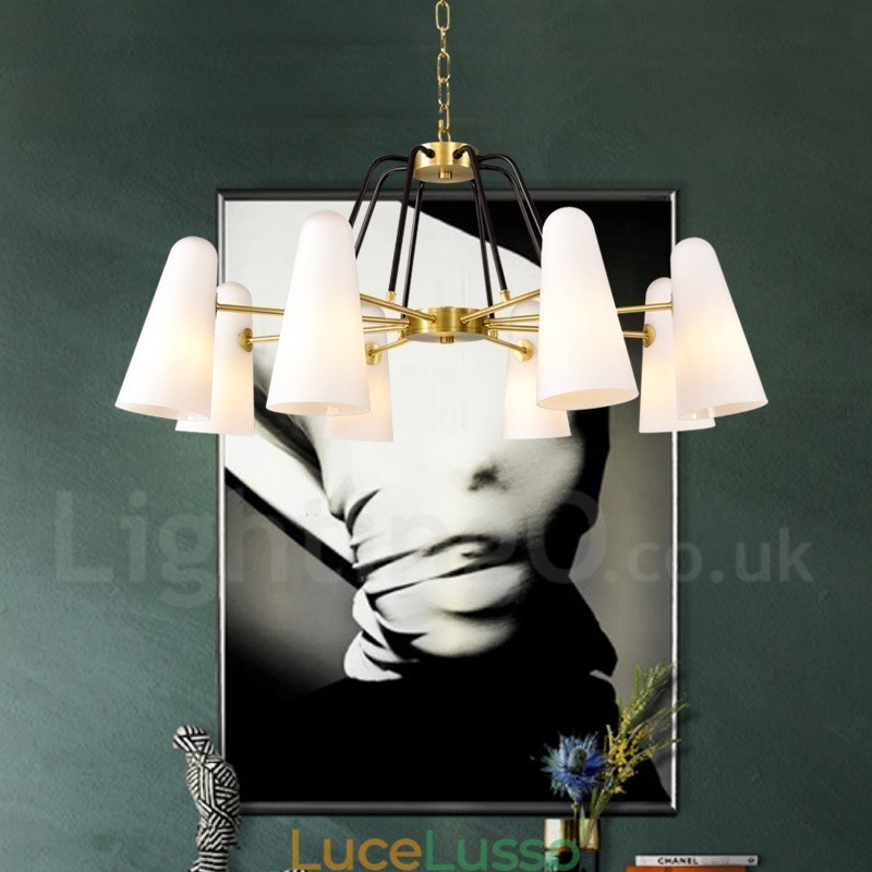 Lampadario a sospensione in ottone rustico retrò da 8 luci con paralume in vetro