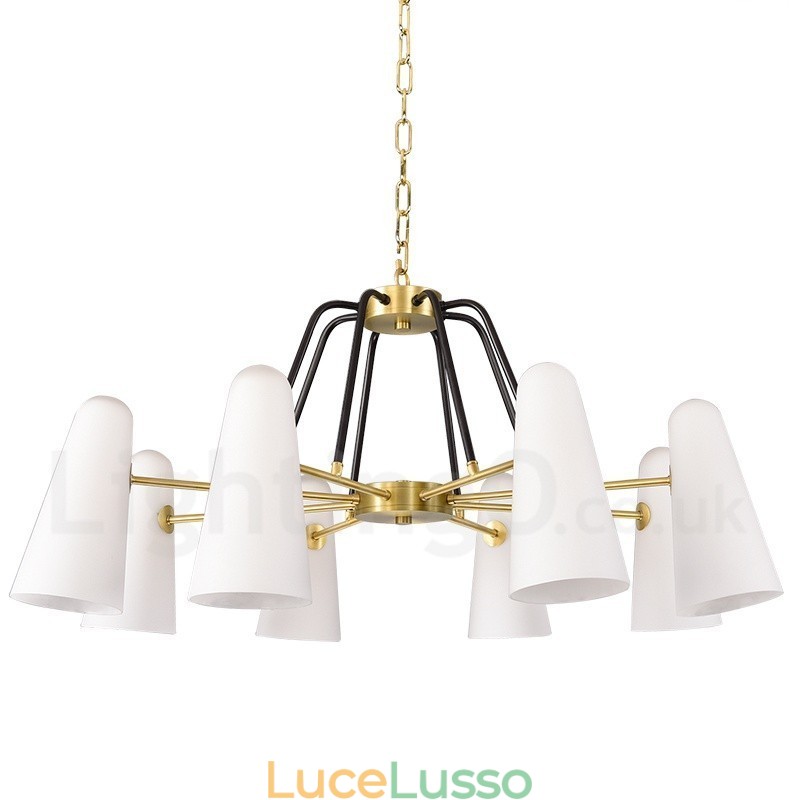 Lampadario a sospensione in ottone rustico retrò da 8 luci con paralume in vetro