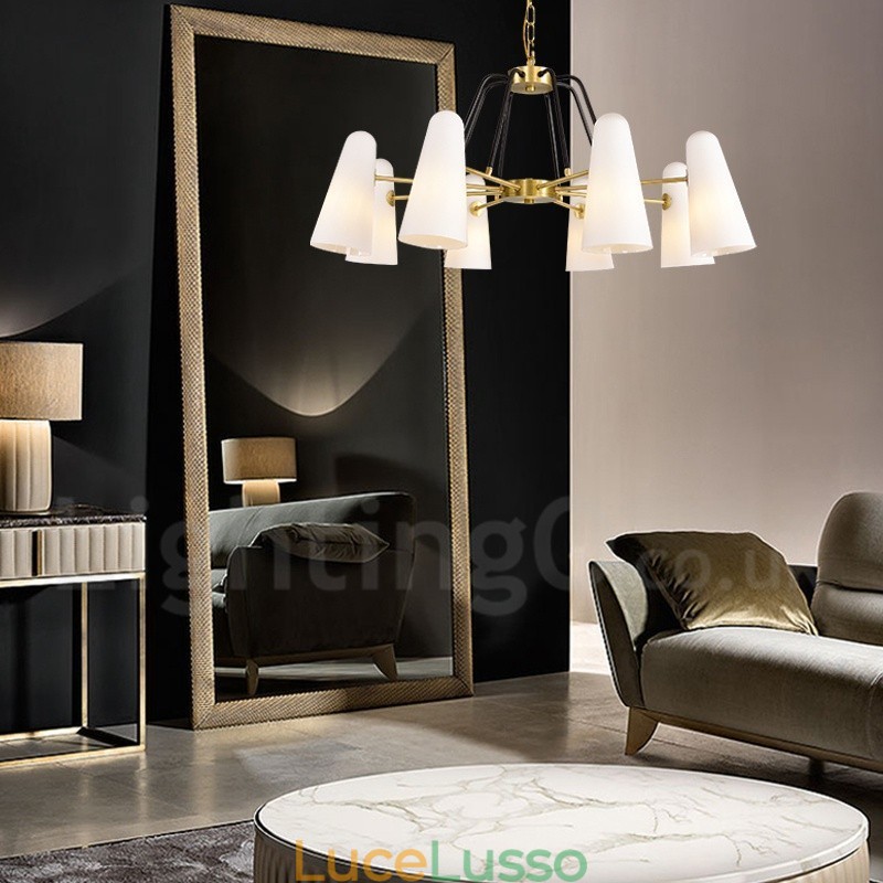 Lampadario a sospensione in ottone rustico retrò da 8 luci con paralume in vetro