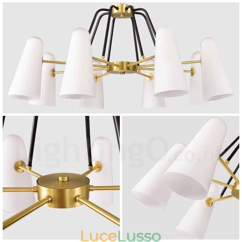Lampadario a sospensione in ottone rustico retrò da 8 luci con paralume in vetro