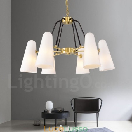 Lampadario a sospensione in ottone rustico retrò a 6 luci con paralume in vetro Lampadario a sospensione in ottone rustico retrò a 6 luci con paralume in vetro