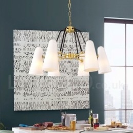 Lampadario a sospensione in ottone rustico retrò a 6 luci con paralume in vetro