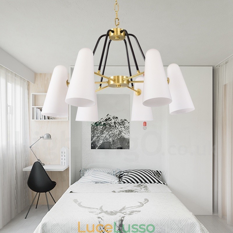 Lampadario a sospensione in ottone rustico retrò a 6 luci con paralume in vetro