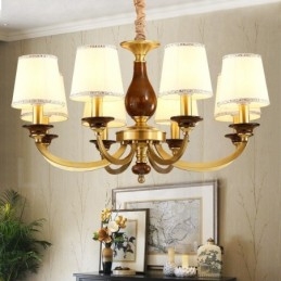 Lampadario a sospensione rustico retrò in ottone di lusso a 8 luci con paralume in vetro