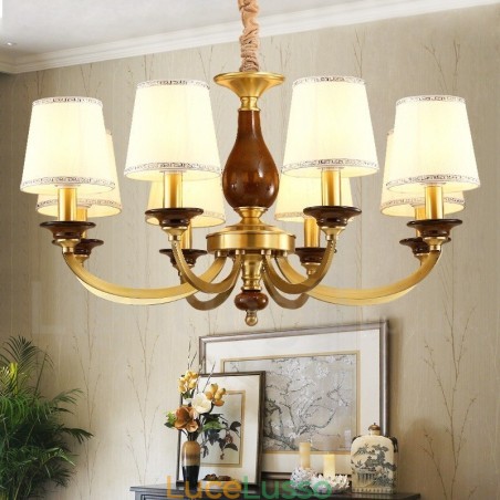 Lampadario a sospensione rustico retrò in ottone di lusso a 8 luci con paralume in vetro Lampadario a sospensione rustico retrò in ottone di lusso a 8 luci con paralume in vetro