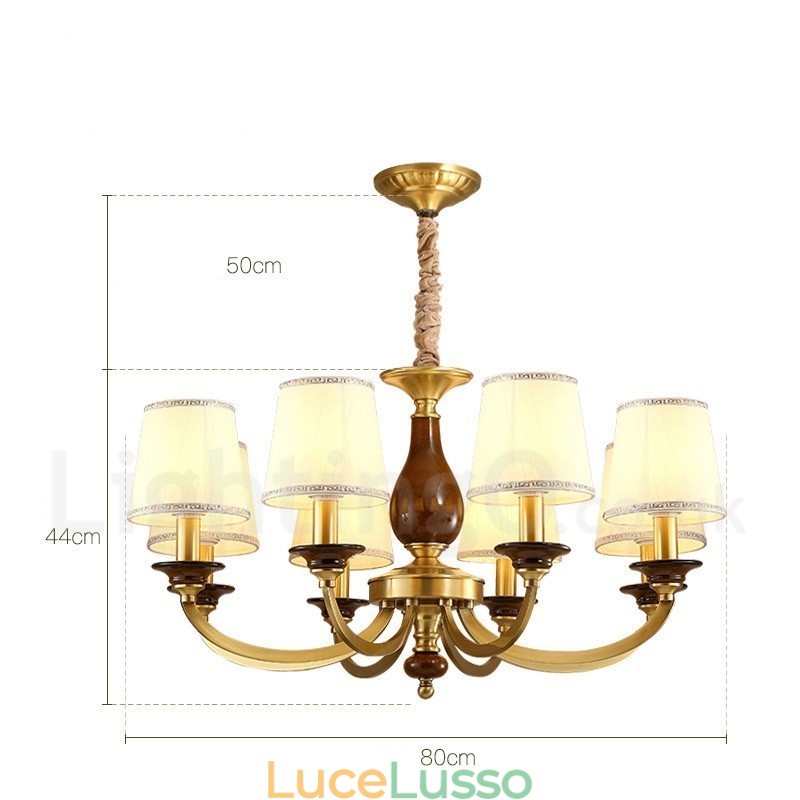 Lampadario a sospensione rustico retrò in ottone di lusso a 8 luci con paralume in vetro
