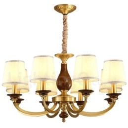 Lampadario a sospensione rustico retrò in ottone di lusso a 8 luci con paralume in vetro