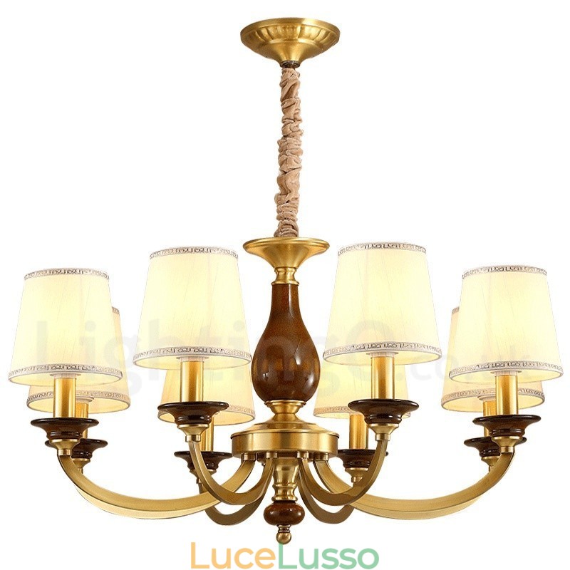 Lampadario a sospensione rustico retrò in ottone di lusso a 8 luci con paralume in vetro