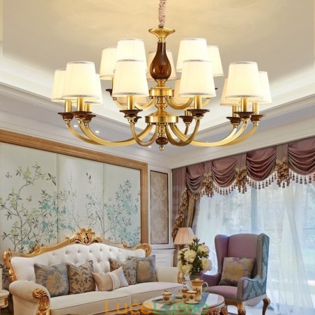 Lampadario a sospensione in ottone rustico retrò da 15 luci con paralume in vetro Lampadario a sospensione in ottone rustico retrò da 15 luci con paralume in vetro