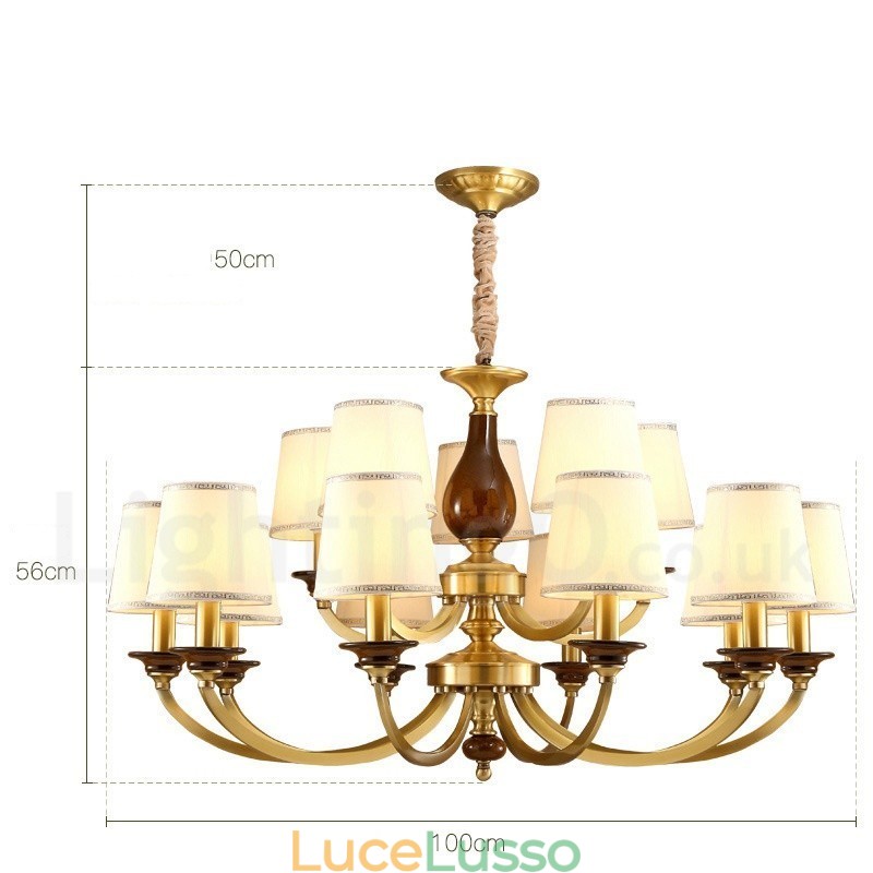 Lampadario a sospensione in ottone rustico retrò da 15 luci con paralume in vetro